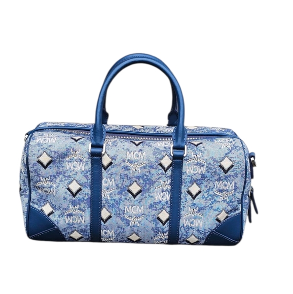 MCM Boston  Satchel Crossbody  Blue Vintage Jacquard Logo Fabric Handbag - Picture 1 of 9